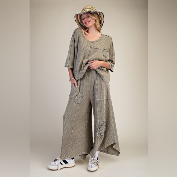 easel Pants - Easel CROCHET PATCH DETAILING WASHED THERMAL PANT Set